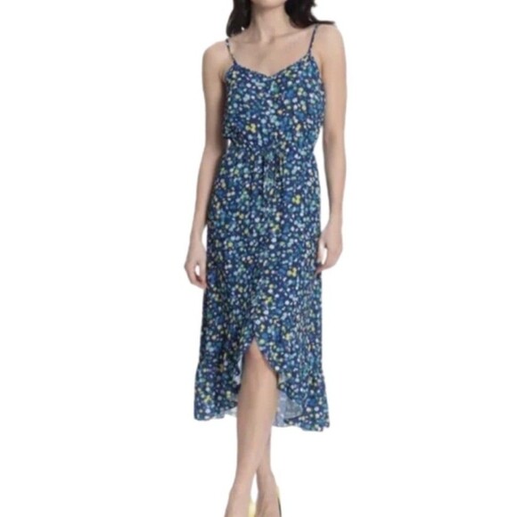 Donna Morgan Blue And Yellow Small Floral V Neck Midi Dress NWOT Sz 18W - Picture 1 of 7